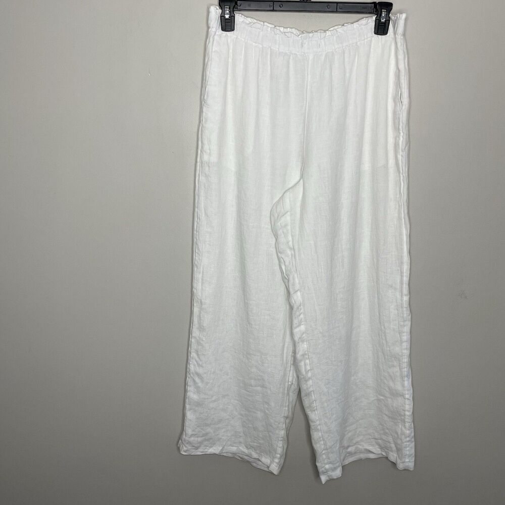 J.CREW Linen Pants Women Large White Pull-On Wide Straight Leg Pockets BW527